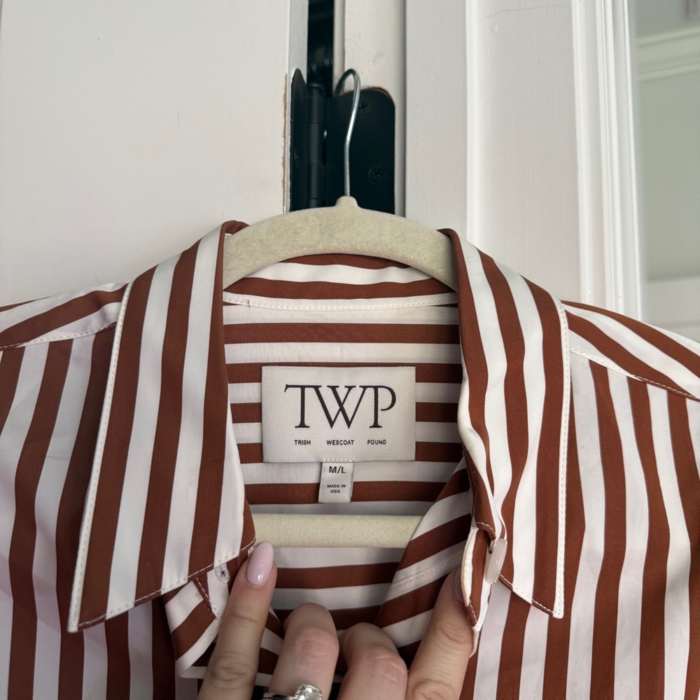TWP NEXT EX SHIRT IN IVORY/COGNAC brown button down crop cotton - Picture 5 of 8